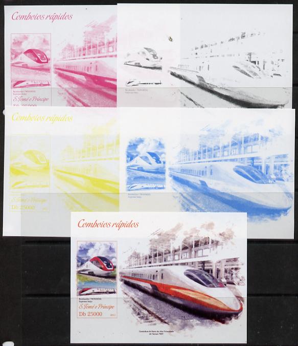 St Thomas & Prince Islands 2013 High-Speed Trains #2 souvenir sheet - the set of 5 imperf progressive colour proofs comprising the 4 basic colours plus all 4-colour composite unmounted mint, stamps on railways
