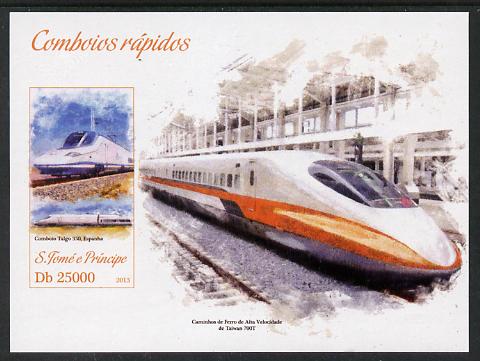 St Thomas & Prince Islands 2013 High-Speed Trains #3 imperf souvenir sheet unmounted mint. Note this item is privately produced and is offered purely on its thematic appe..., stamps on railways