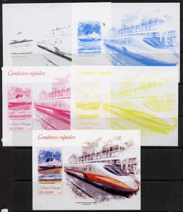 St Thomas & Prince Islands 2013 High-Speed Trains #3 souvenir sheet - the set of 5 imperf progressive colour proofs comprising the 4 basic colours plus all 4-colour composite unmounted mint, stamps on railways