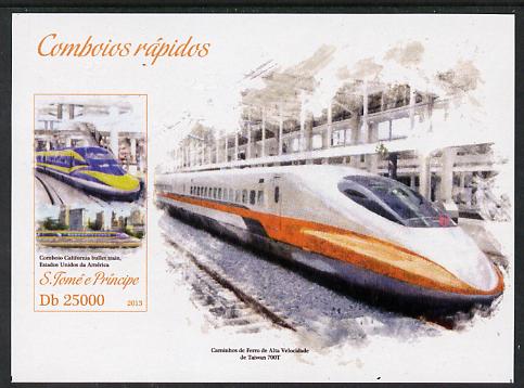 St Thomas & Prince Islands 2013 High-Speed Trains #4 imperf souvenir sheet unmounted mint. Note this item is privately produced and is offered purely on its thematic appe..., stamps on railways