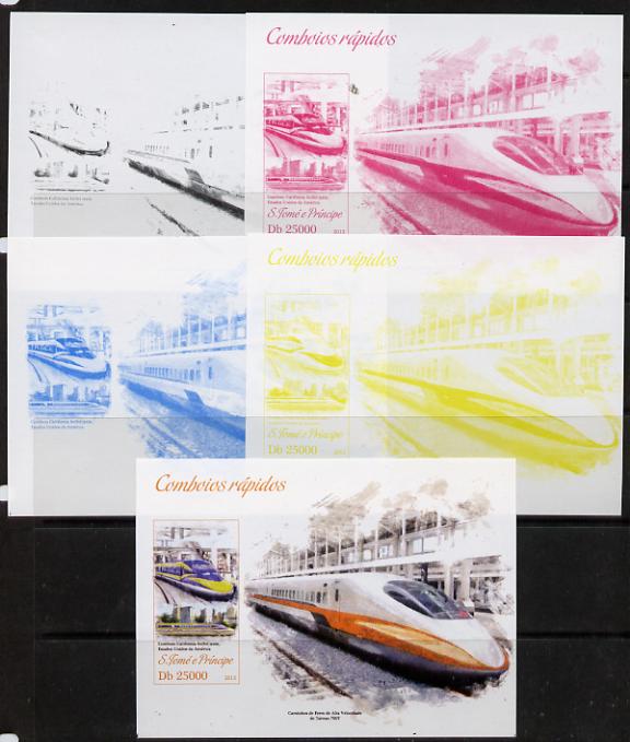 St Thomas & Prince Islands 2013 High-Speed Trains #4 souvenir sheet - the set of 5 imperf progressive colour proofs comprising the 4 basic colours plus all 4-colour composite unmounted mint, stamps on railways