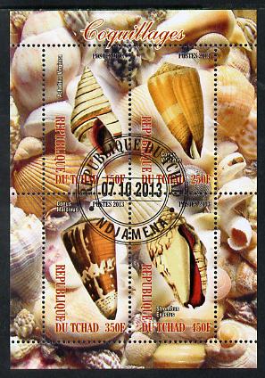 Chad 2013 Sea Shells perf sheetlet containing 4 values fine cto used, stamps on marine life, stamps on shells