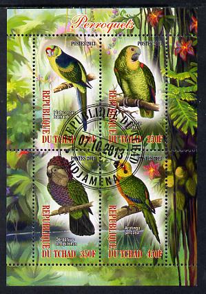 Chad 2013 Birds - Parrots perf sheetlet containing 4 values fine cto used, stamps on birds, stamps on parrots