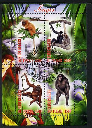 Chad 2013 Apes perf sheetlet containing 4 values fine cto used, stamps on animals, stamps on apes, stamps on primates, stamps on monkeys