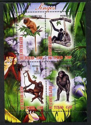 Chad 2013 Apes perf sheetlet containing 4 values unmounted mint, stamps on animals, stamps on apes, stamps on primates, stamps on monkeys