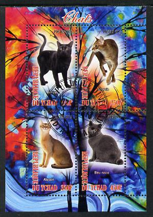 Chad 2013 Domestic Cats #1 perf sheetlet containing 4 values fine cto used, stamps on cats