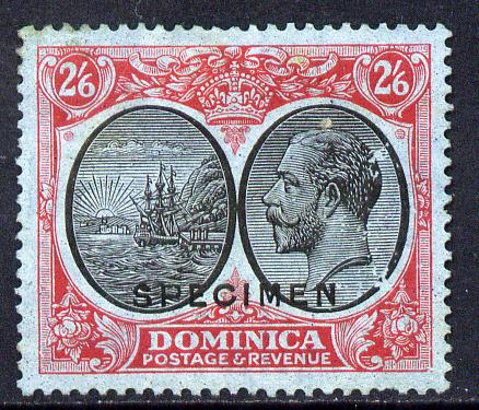 Dominica 1923-33 KG5 Badge 2s6d black & red on blue overprinted SPECIMEN with gum and only about 400 produced SG 85s, stamps on ships, stamps on  kg5 , stamps on 