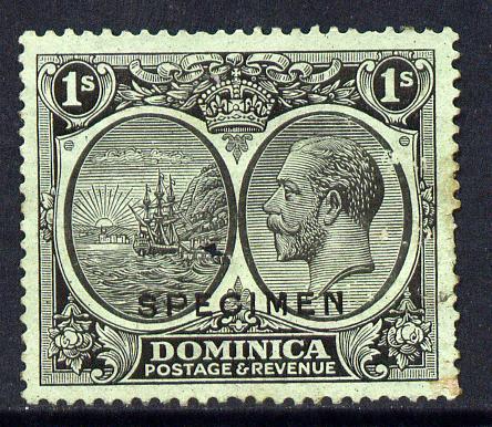 Dominica 1923-33 KG5 Badge 1s black on emerald overprinted SPECIMEN with gum and only about 400 produced SG 83s, stamps on ships, stamps on  kg5 , stamps on 