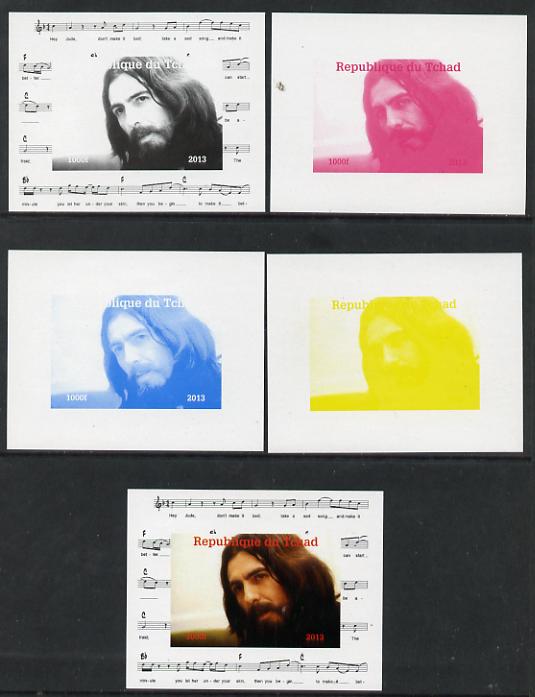 Chad 2013 The Beatles - George Harrison #1 individual deluxe sheetlet - the set of 5 imperf progressive colour proofs comprising the 4 basic colours plus all 4-colour com..., stamps on personalities, stamps on beatles, stamps on pops, stamps on music, stamps on rock