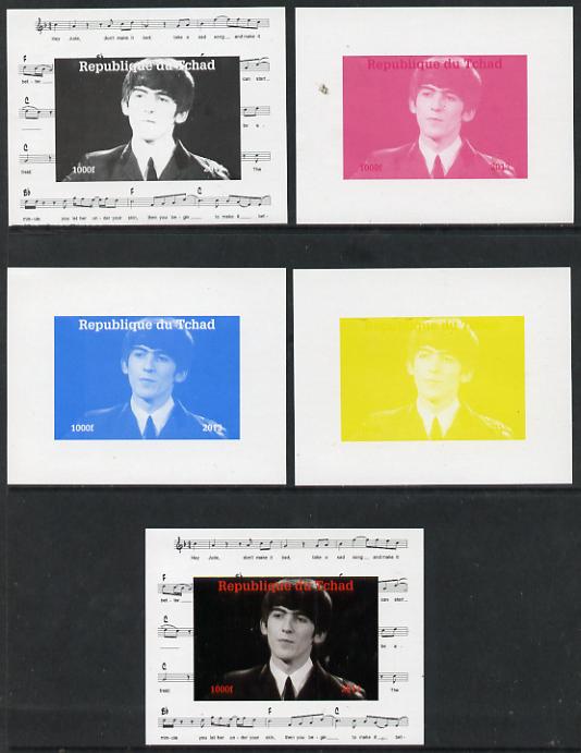 Chad 2013 The Beatles - George Harrison #2 individual deluxe sheetlet - the set of 5 imperf progressive colour proofs comprising the 4 basic colours plus all 4-colour com..., stamps on personalities, stamps on beatles, stamps on pops, stamps on music, stamps on rock
