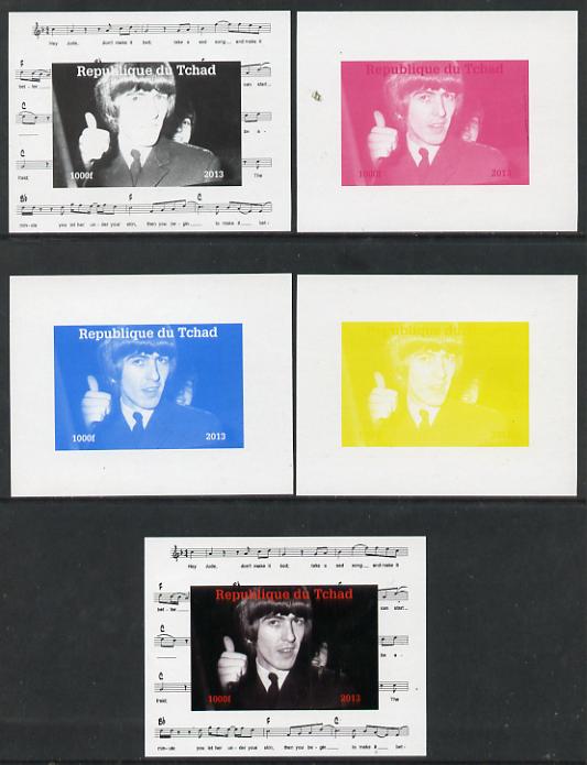 Chad 2013 The Beatles - George Harrison #4 individual deluxe sheetlet - the set of 5 imperf progressive colour proofs comprising the 4 basic colours plus all 4-colour com..., stamps on personalities, stamps on beatles, stamps on pops, stamps on music, stamps on rock