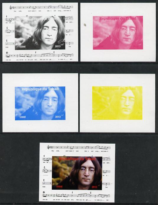 Chad 2013 The Beatles - John Lennon #2 individual deluxe sheetlet - the set of 5 imperf progressive colour proofs comprising the 4 basic colours plus all 4-colour composite unmounted mint, stamps on , stamps on  stamps on personalities, stamps on  stamps on beatles, stamps on  stamps on pops, stamps on  stamps on music, stamps on  stamps on rock