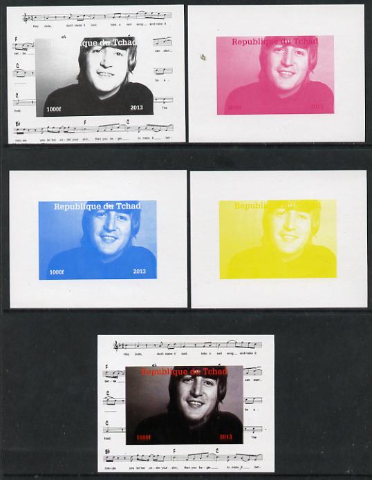 Chad 2013 The Beatles - John Lennon #3 individual deluxe sheetlet - the set of 5 imperf progressive colour proofs comprising the 4 basic colours plus all 4-colour composite unmounted mint, stamps on personalities, stamps on beatles, stamps on pops, stamps on music, stamps on rock