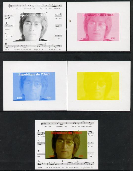 Chad 2013 The Beatles - John Lennon #4 individual deluxe sheetlet - the set of 5 imperf progressive colour proofs comprising the 4 basic colours plus all 4-colour composi..., stamps on personalities, stamps on beatles, stamps on pops, stamps on music, stamps on rock