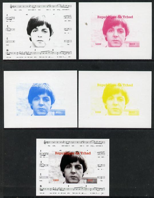 Chad 2013 The Beatles - Paul McCartney #1 individual deluxe sheetlet - the set of 5 imperf progressive colour proofs comprising the 4 basic colours plus all 4-colour composite unmounted mint, stamps on personalities, stamps on beatles, stamps on pops, stamps on music, stamps on rock