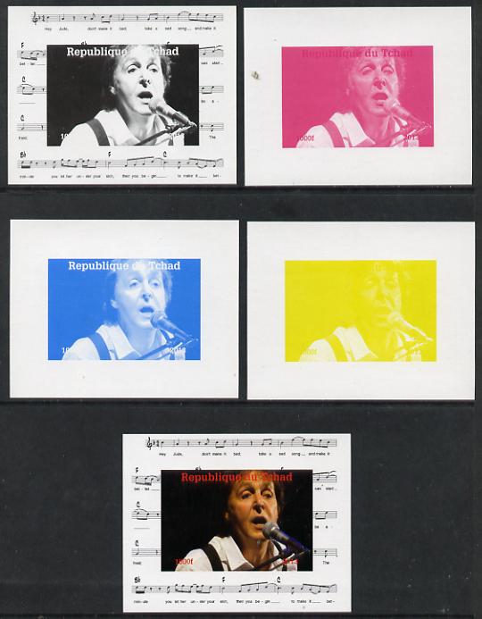 Chad 2013 The Beatles - Paul McCartney #3 individual deluxe sheetlet - the set of 5 imperf progressive colour proofs comprising the 4 basic colours plus all 4-colour comp..., stamps on personalities, stamps on beatles, stamps on pops, stamps on music, stamps on rock