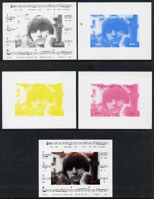 Chad 2013 The Beatles - Ringo Starr #2 individual deluxe sheetlet - the set of 5 imperf progressive colour proofs comprising the 4 basic colours plus all 4-colour composite unmounted mint, stamps on personalities, stamps on beatles, stamps on pops, stamps on music, stamps on rock
