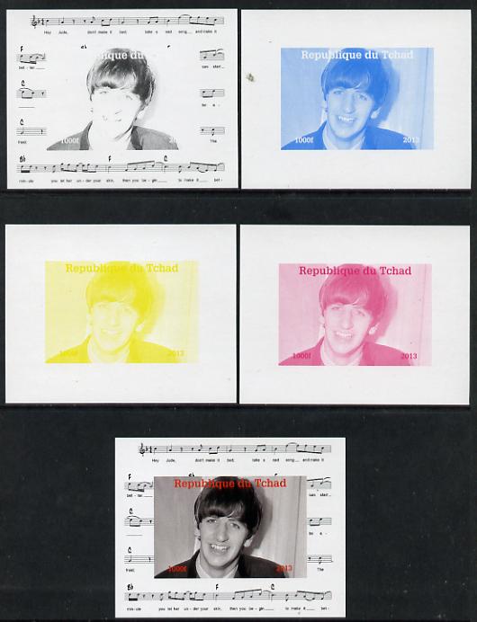 Chad 2013 The Beatles - Ringo Starr #3 individual deluxe sheetlet - the set of 5 imperf progressive colour proofs comprising the 4 basic colours plus all 4-colour composi..., stamps on personalities, stamps on beatles, stamps on pops, stamps on music, stamps on rock