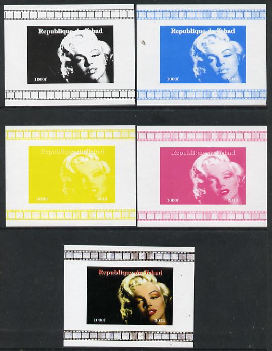 Chad 2013 Marilyn Monroe #7 individual deluxe sheetlet - the set of 5 imperf progressive colour proofs comprising the 4 basic colours plus all 4-colour composite unmounted mint, stamps on personalities, stamps on films, stamps on cinema, stamps on movies, stamps on music, stamps on marilyn, stamps on monroe