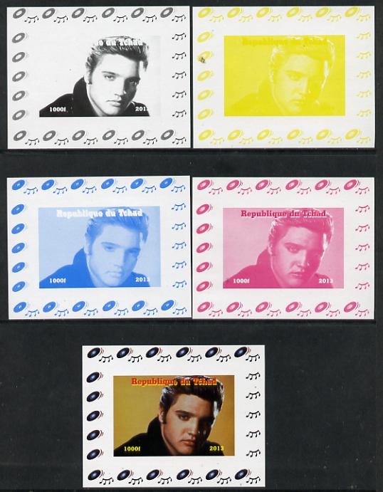Chad 2013 Elvis Presley #05 individual deluxe sheetlet - the set of 5 imperf progressive colour proofs comprising the 4 basic colours plus all 4-colour composite unmounted mint, stamps on personalities, stamps on elvis, stamps on pops, stamps on music, stamps on rock, stamps on films, stamps on movies, stamps on cinema