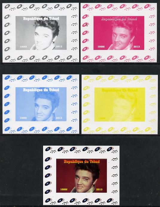 Chad 2013 Elvis Presley #06 individual deluxe sheetlet - the set of 5 imperf progressive colour proofs comprising the 4 basic colours plus all 4-colour composite unmounted mint, stamps on personalities, stamps on elvis, stamps on pops, stamps on music, stamps on rock, stamps on films, stamps on movies, stamps on cinema