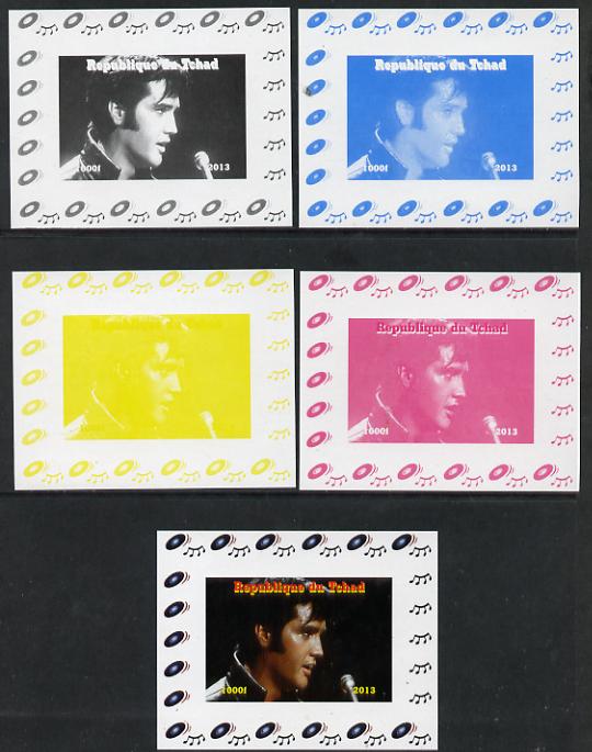 Chad 2013 Elvis Presley #11 individual deluxe sheetlet - the set of 5 imperf progressive colour proofs comprising the 4 basic colours plus all 4-colour composite unmounted mint, stamps on personalities, stamps on elvis, stamps on pops, stamps on music, stamps on rock, stamps on films, stamps on movies, stamps on cinema