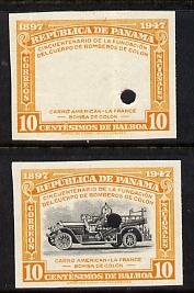 Panama 1948 50th Anniversary of Fire Brigade 10c Fire Engine imperf proofs of frame only plus composite both in issued colours and each with security punch holes, ex Waterlow & Sons single archive sheet, minor creasing, unmounted mint and extremely rare as SG 474, stamps on fire
