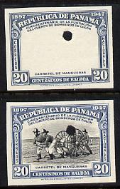 Panama 1948 50th Anniversary of Fire Brigade 20c Fire Hose imperf proofs of frame only plus composite both in issued colours and each with security punch holes, ex Waterlow & Sons single archive sheet, minor creasing, unmounted mint and extremely rare as SG 475, stamps on fire