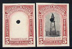 Panama 1948 50th Anniversary of Fire Brigade 5c Firemans Monument imperf proofs of frame only plus composite both in issued colours and each with security punch holes, ex..., stamps on fire
