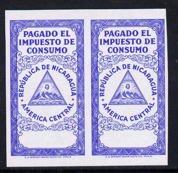 Nicaragua Pagado el Impuesto de Consumo imperf proof pair of frame only in blue on ungummed paper, stamps on 