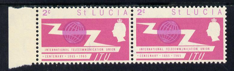 St Lucia 1965 ITU 2c horiz pair, one stamp with 'broken U' in Communications unmounted mint, stamps on , stamps on  itu , stamps on  communications