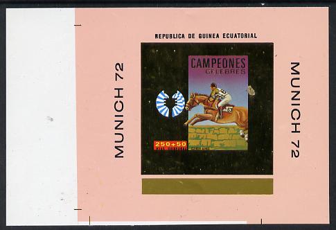 Equatorial Guinea 1972 Munich Olympics Show Jumping #1 individual imperf deluxe proof sheet in gold with pink border unmounted mint minor wrinkles, stamps on olympics, stamps on horses