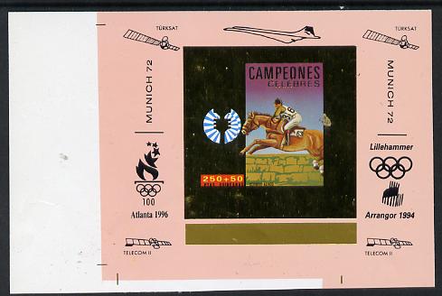 Equatorial Guinea 1972 Munich Olympics Show Jumping #1 individual imperf deluxe proof sheet in gold with pink border with overptints in margin unmounted mint minor wrinkl..., stamps on olympics, stamps on horses, stamps on concorde, stamps on satellites