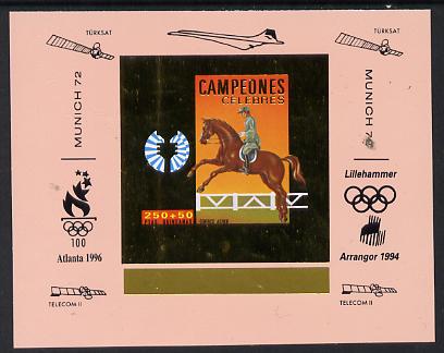 Equatorial Guinea 1972 Munich Olympics Show Jumping #2 individual imperf deluxe proof sheet in gold with pink border with overptints in margin unmounted mint minor wrinkl..., stamps on olympics, stamps on horses, stamps on concorde, stamps on satellites