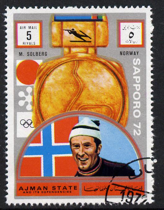 Ajman 1972 Sapporo Winter Olympic Gold Medallists - Norway Solberg Biathlon 5r cto used Michel 1635, stamps on olympics, stamps on 