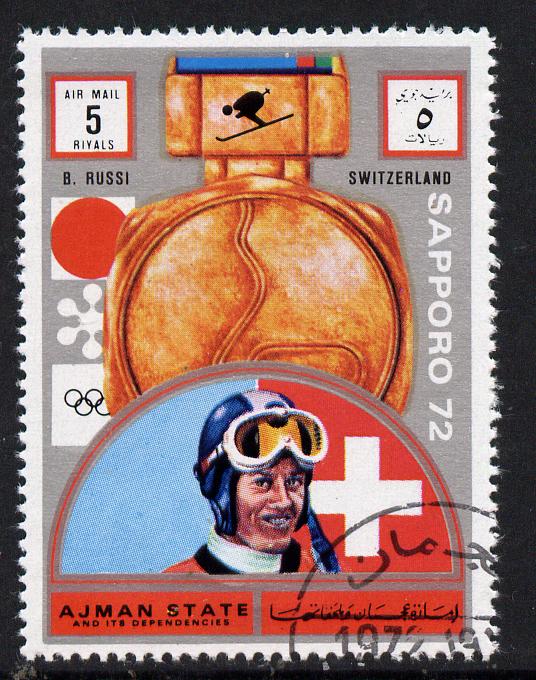 Ajman 1972 Sapporo Winter Olympic Gold Medallists - Switzerland Russi Downhill skiing 5r cto used Michel 1667, stamps on olympics, stamps on skiing