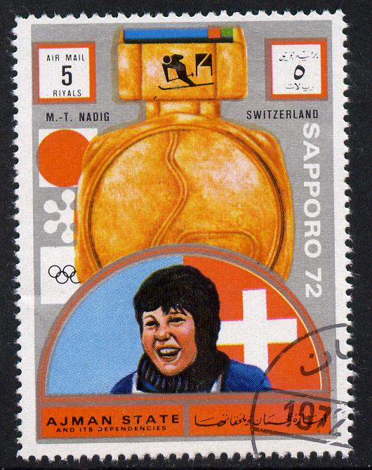 Ajman 1972 Sapporo Winter Olympic Gold Medallists - Switzerland Nadig Giant Slalom 5r cto used Michel 1647, stamps on olympics, stamps on skiing