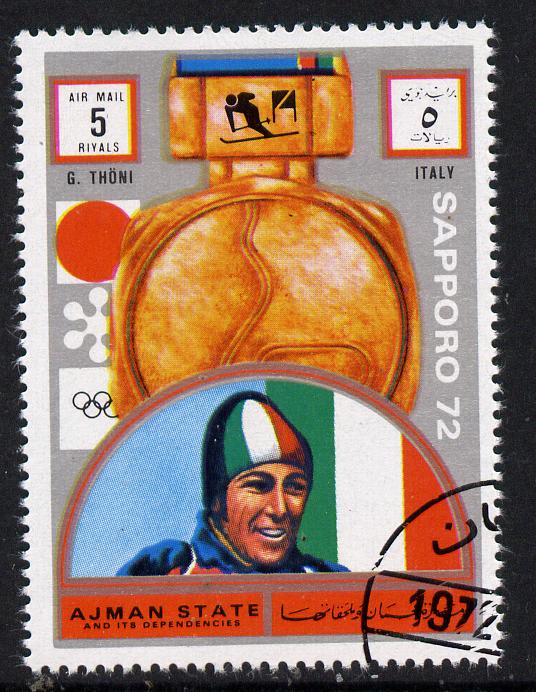 Ajman 1972 Sapporo Winter Olympic Gold Medallists - Italy Thoni Giant Slalom 5r cto used Michel 1649, stamps on olympics, stamps on skiing