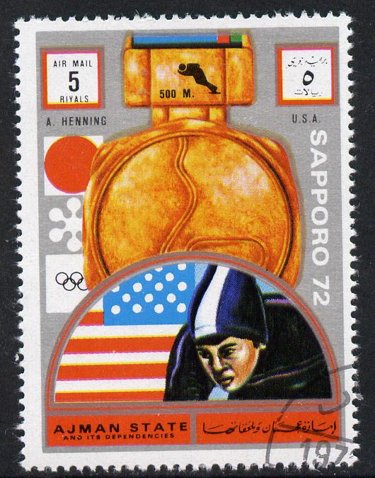 Ajman 1972 Sapporo Winter Olympic Gold Medallists - USA Henning Speed Skating 5r cto used Michel 1651, stamps on olympics, stamps on skating