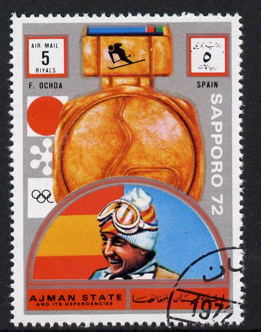 Ajman 1972 Sapporo Winter Olympic Gold Medallists - Spain Ochoa Downhill Skiing 5r cto used Michel 1637, stamps on olympics, stamps on skiing
