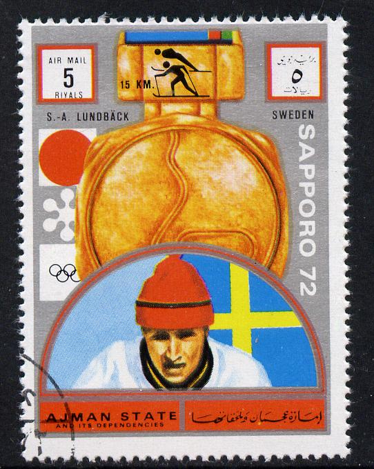 Ajman 1972 Sapporo Winter Olympic Gold Medallists - Sweden Lundback Cross-Country Skiing 5r cto used Michel 1663, stamps on olympics, stamps on skiing