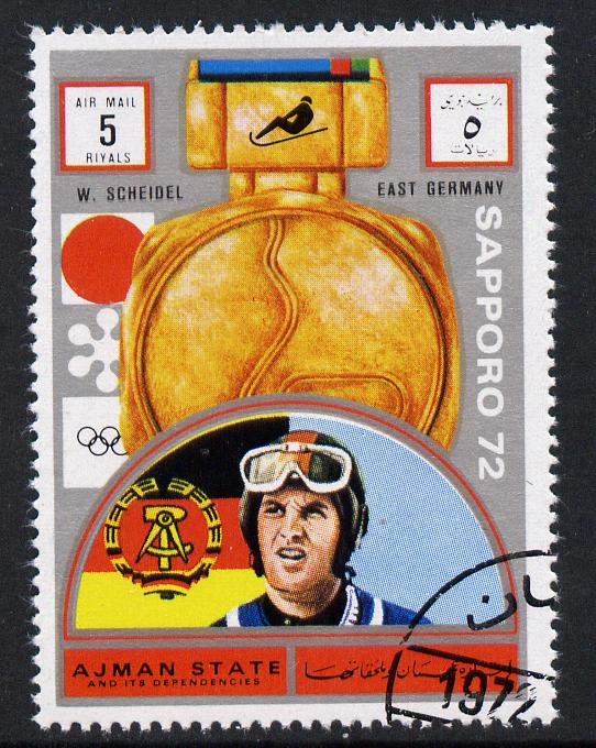 Ajman 1972 Sapporo Winter Olympic Gold Medallists - East Germany Scheidel Bob Sled 5r cto used Michel 1643, stamps on olympics, stamps on 