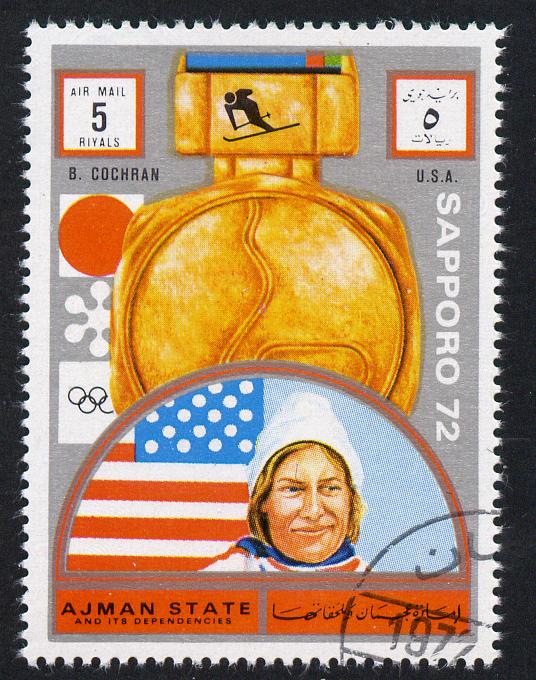Ajman 1972 Sapporo Winter Olympic Gold Medallists - USA Cochran Downhill Skiing 5r cto used Michel 1641, stamps on olympics, stamps on skiing