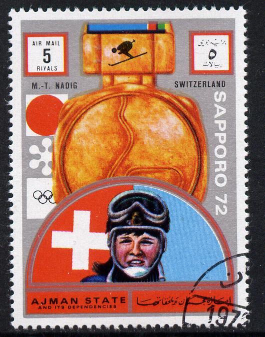 Ajman 1972 Sapporo Winter Olympic Gold Medallists - Switzerland Nadig Downhill Skiing 5r cto used Michel 1661, stamps on olympics, stamps on skiing