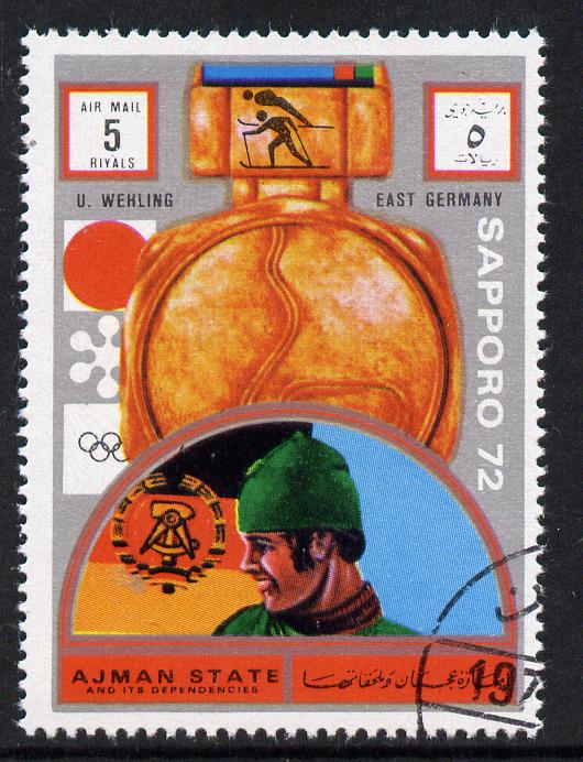 Ajman 1972 Sapporo Winter Olympic Gold Medallists - East Germany Wehling Nordic Combination 5r cto used Michel 1638, stamps on olympics, stamps on skiing