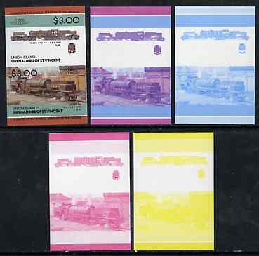 St Vincent - Union Island $3 Locomotive class 2-8-0 + 0-8-2 set of 5 imperf se-tenant proof pairs printed in blue, magenta, yellow, blue & magenta plus all 4 colours unmounted mint, stamps on railways, stamps on big locos