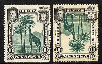 Nyassa Company 1901 Giraffe 10r with inverted centre plus normal both mounted mint, SG 29a, stamps on animals, stamps on giraffes