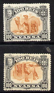 Nyassa Company 1901 Dromedaries 100r with inverted centre plus normal both mounted mint, SG 36a, stamps on animals, stamps on camels