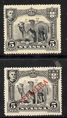 Nyassa Company 1911 Dromedaries 5r with REPUBLICA overprint omitted plus normal both mounted mint, SG 54var, stamps on animals, stamps on camels