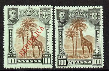 Nyassa Company 1911 Giraffe 100r with REPUBLICA overprint omitted plus normal both mounted mint, SG 60var, stamps on animals, stamps on giraffes